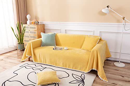 Bestdesil Bright Yellow Sofa Covers, Chenille Couch Covers For 3 Cushion Couch Sofa, Sectional Couch Cover For Dogs Cats, Boho Aesthetic Couch Cover With Lace Edge, 71" X 118" #TOP1