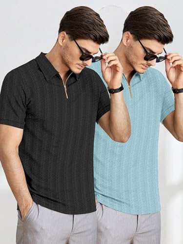 Image of COMBRAIDED Men's Polo Neck Textured Polycotton Short Sleeve T-Shirt - Casual Regular Fit for Daily Comfort & Style