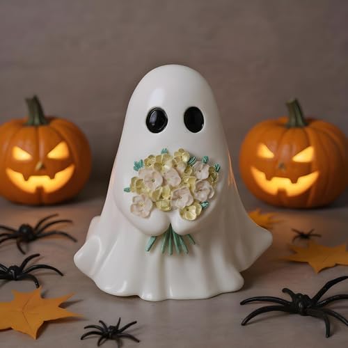 Fantôme d'Halloween en résine avec fleurs - Statuette déco mignonne