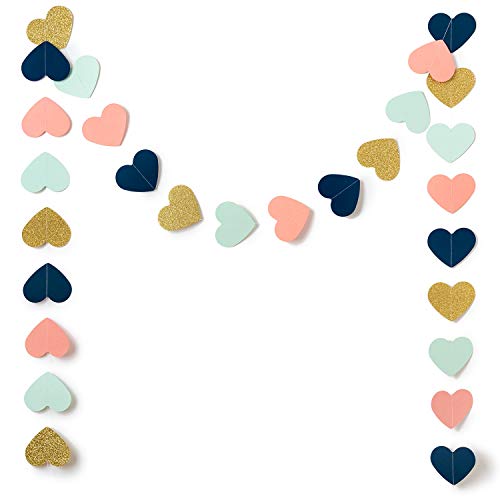 9 Feet Heart Paper Garland Decorations, Heart Hanging Paper Banner Bunting (Navy, Mint, Coral, Gold Glitter) For Wedding, Valentines Day, Bridal Shower, Birthday Party #TOP8