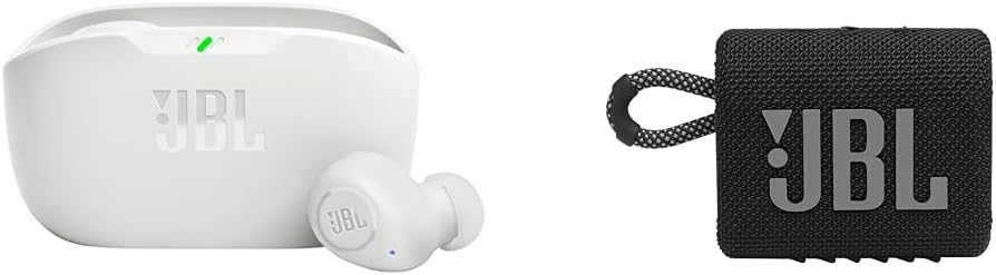 JBL Vibe Buds True Wireless Headphones - White, Small & Go 3 Portable Speaker with Bluetooth, Built-in Battery, Waterproof and Dustproof Feature - Black