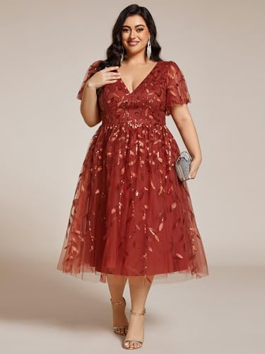Image of Ever-Pretty Womens Embroidered Tulle Plus Size Cocktail Evening Party Dress A-Line Midi Wedding Guest Dresses for Curvy Women
