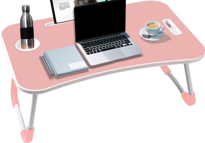 Folding Laptop Bed Table Lap Standing Desk Sofa Breakfast Table Bed Tray Laptop Lap Desk with Cup Holder Notebook Stand Steel Legs 60x40x28cm (Pink)