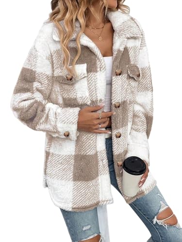 Veste à carreaux pour femme en polaire boutonnée avec poches chaudes
