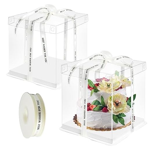 ZIOYA 2 piezas Caja de Tartas Transparente 8 Pulgadas Caja de Pastel Transparente con Tapas Caja de Pastel de Doble Capa Transparente Caja de Postre con Cinta para Tartas Postre (26 x 26 x 25 cm)