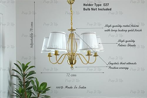 Image of Prop It Up 5-Light Chandelier with White Fabric Shades for Home, Gold Finish jhoomer for Hall, E27 Base, 72x78 cm, Crystal Accent, Bulb not Included