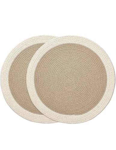 Image of Cotton Rope Placemats, Round Red with White Border, Set of 4, Heat Resistant Table Mats (Beige and White)
