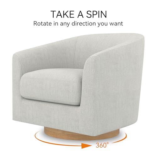 Image of Swivel Accent Chair, Upholstered Modern Barrel-Curved Armchair, Linen Fabric Comfty Sofa Reading Chair with Solid Wood Base for Bedroom, Living Room, Club, Ivory