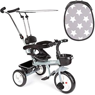 boppi Kids 4-In-1 Tricycle Push Along Trike Stroller | Trikes with Parent Steering Handle & Sun Shade | Ideal for Toddlers Girls & Boys | Grey