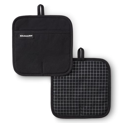KITCHENAID Gourmet Series Gridlines Pot Holders 2-Pack Set, Heat Resistant up to 600°F, Soft Silicone Grip, Magnetic Cuff, Matte Black, 8"x8"