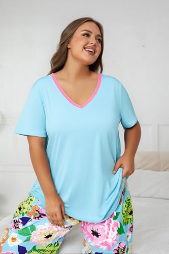 Image of Vozanet Women's Pajama Sets Short Sleeve with Long Pant Soft Sleepwear Printed pj Loungewear With TWO Pockets Size 1X to 5X