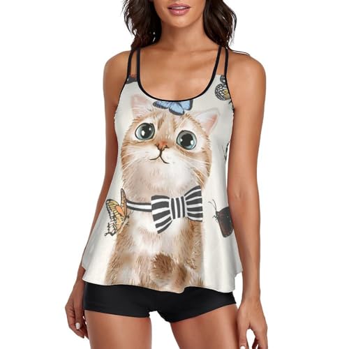 Robe de Plage Tankini Chat Papillon et Maillot de Bain Shorty Femme
