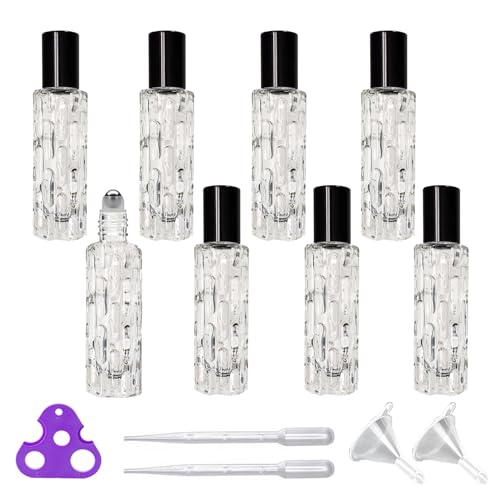 8Pcs 10ml Clear Glass Roller Bottles Mini Roll on Perfume Bottle Sample Vials Containers，Empty Refillable Travel Perfume Bottle(2 Funnels, 2 Dropper, 1 Opener) (Black Cap)