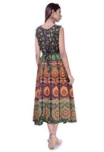 Image of Women's Cotton Barmeri Rajasthani Jaipuri Sanganeri Traditional Printed Kurti Long Naptol Midi Maxi Dress (Free Size Up to XXL) (Multi 15)