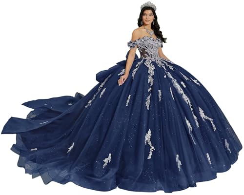 DXUOPL Navy Blue Quinceanera Dresses with Bow Silver Appliques Ball Gown Puffy Sparkly Tulle Party Gown Luxury Beaded Quince Dress Off Shoulder Sweet 16 Dress Size 0