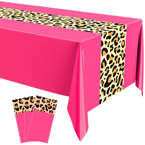 Image of Buryeah Leopard Print Tablecloth 54 x 108'' Leopard Plastic Table Cover Disposable Safari Animal Cheetah Print Party Decorations for Baby Shower Wedding Birthday Party Favors(Hot Pink)