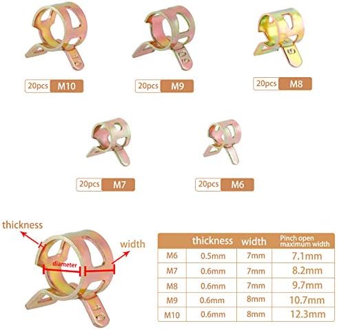 Rybtd Spring Hose Clamps 100Pcs Metal Fuel Line Hose Clips M6/7/8/9/10 Air Tube Clamps Fastener with Transparent Box for Air Hose, Fuel Pipe, Silicone Hose, Drain Hose, Vacuum Hose, etc.