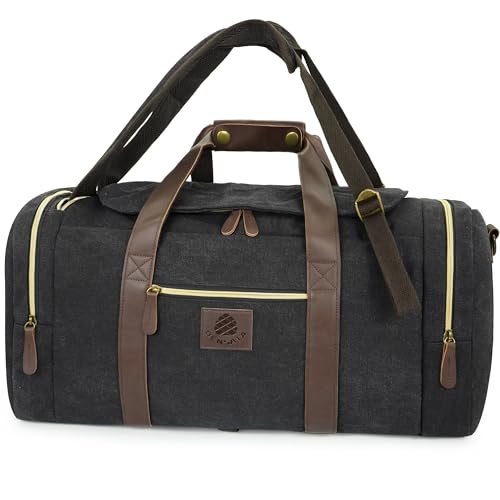 Duffle Bag for Travel, 50L Canvas Duffle Bag Vintage Travel Bag Overnight Bag with Shoes Compartment Men (Black)