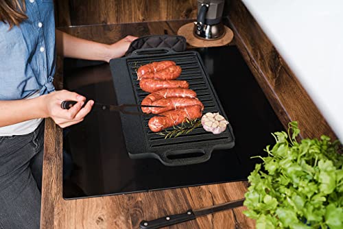 Rosenstein & Söhne Gussgrillplatte: Gusseiserne Wende-Grillplatte für Ofen, Herd und Grill, 40 x 20,5 cm (Grillplatte Herd Gusseisen, Grill-Platte, BBQ)