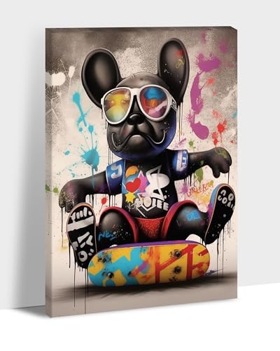 Hzddty Dog Graffiti Canvas Wall Art, Dog Playing Skateboard Colorful