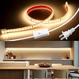Waterproof Under Cabinet Strip Lights Plug in with Switch 24in Self-Adhsive Warm White 3000K AC 110V LED Light Bar Outdoor 120LED/M Super Bright Flexible LED lights Strip for Shelf Kitchen Counter