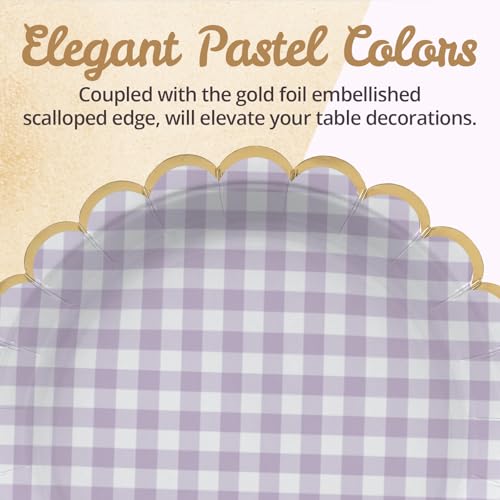 Image of Party Paper Plates, 50-Pack 9-Inch Bulk Disposable Decorative Paper Plates with Gold Scalloped Trim, 6 Assorted Colors for Tea Party, Easter, Garden Party, and Bridal Showers, Gilded Pastel Gingham