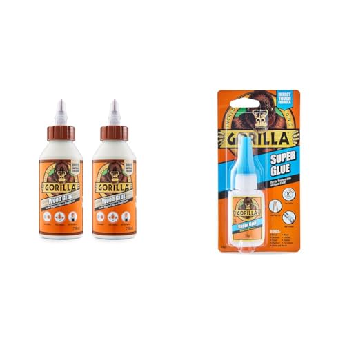 Gorilla Wood Glue 236ml (Pack of 2) & Super Glue, 15g – All Purpose, Impact Tough & Fast Setting with Anti-Clog Cap Ideal for Metal, Ceramics, Leather & More