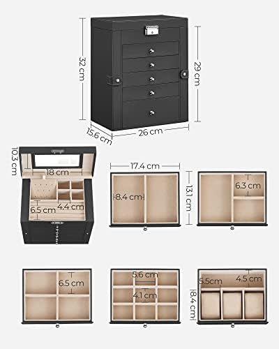 SONGMICS Jewellery Box 6 Tiers, Jewellery Case with 5 Drawers, Large Storage Capacity, with Mirror, Lockable, Jewellery Storage Organiser, Gift for Loved Ones, for Watches, Black JBC152B01
