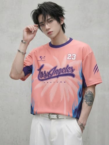 Image of LEOTUDE Men's Fire Flame and Skull Graphic Printed Oversized Polyester