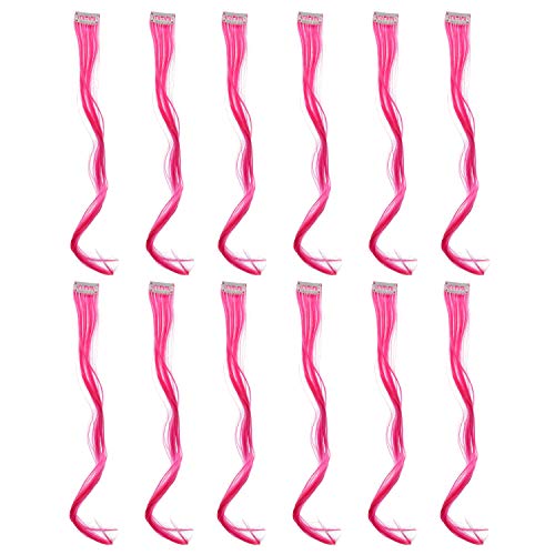 SWACC 12 Pcs Curly Wavy One Color Party Highlights Clip on in Hair Extensions For Women Colored Hair Streak Synthetic Hairpieces (Neon Pink)