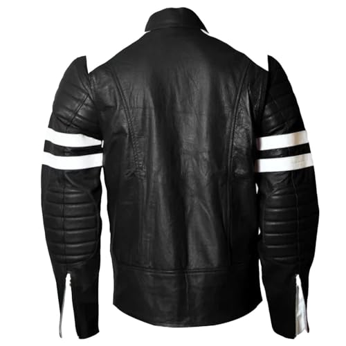 Men's Retro Cafe Racer Leather Jacket, Classic Fit, Black with White Stripes2