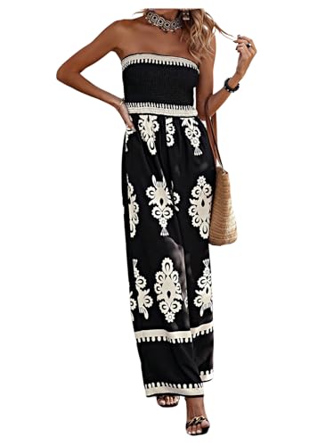SweatyRocks Women's Tribal Print Strapless Jumpsuit Smocked Wide Leg Vacation Boho Jumpsuits Black Large