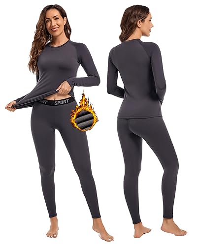 Hyeek Thermounterwäsche Damen, Warme Funktionsunterwäsche Skiunterwäsche Set Frauen mit Innenfleece - Ultraweich Winter Lange Thermo Ski Unterwäsche Set für Joggen, Skifahren,Radfahren (Grau, L)