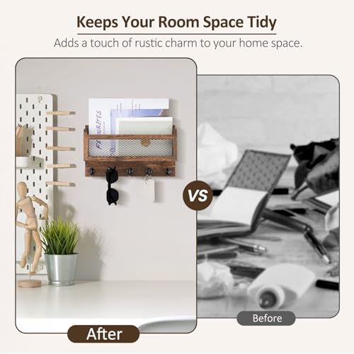 Nekon Mail and Key Holder for Wall Decorative, 11 Inch Wooden Wall Key Organizer with 5 Key Hooks, Wall Mount Storage Shelf for Entryway Hallway (Brown) - Cosy Home Interiors Nekon Mail and Key Holder for Wall Decorative, 11 Inch Wooden Wall Key Organizer with 5 Key Hooks, Wall Mount Storage Shelf for Entryway Hallway (Brown) - Image 2