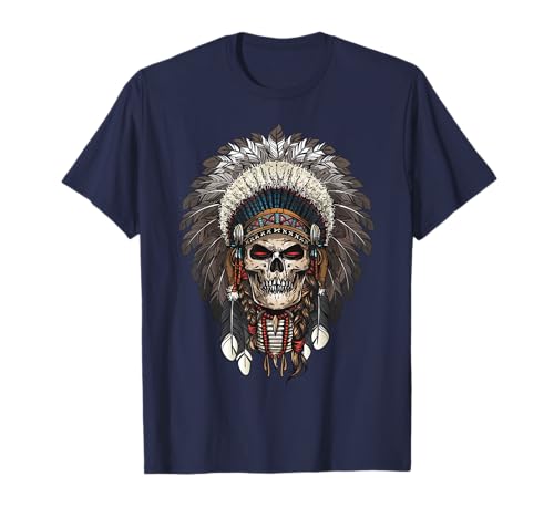 Teerex Apparel Camiseta de Moto Calavera India Nativa Americana, Hombre, Azul, S