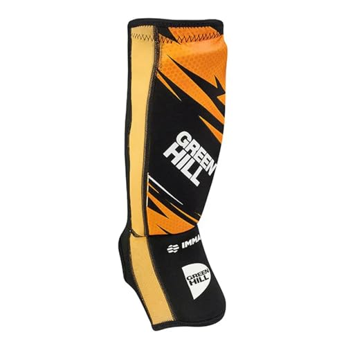 Muay Thai ShinGuards MMA Shin Guards – Kickboxing Shin Guards Muay Thai Shinguards, Shin Instep Pad MMA IMMAF Approved from Green Hill (Black/Golden, L)
