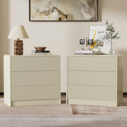Image of Furniway Beige Nightstands Set of 2, 32 inch Modern 3 Drawer Bedside Table with Storage, Large Night Stand for Bedroom