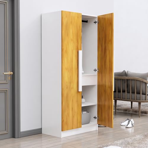 Image of Bniture 2 Door Wardrobe for Bedroom | Almirah for Clothes with 4 Shelves | Spacious Storage Cupboard for Bedroom | Wooden Wardrobe (46D x 80W x 182H CM) | 3 Years Warranty | Frosty White & Giant Wood