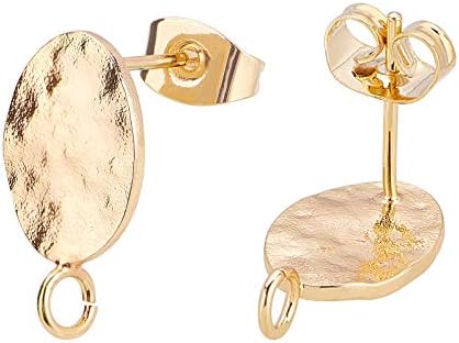 BENECREAT 10PCS 18K Gold Plated Oval Earring Studs Brass Earring Findings with 10PCS Brass Ear Nuts and Loop for Earring DIY Jewelry Making, Hole: 1.8mm, Pin: 0.8mm