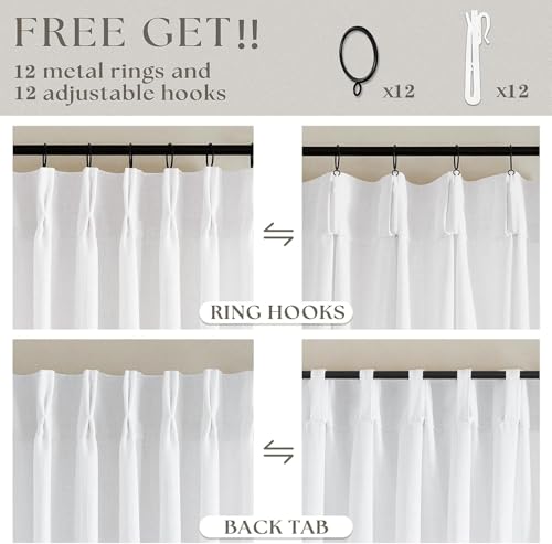 Image of Extra Wide Pinch Pleated Linen Curtains 90 Inches Long 70 Inch Width for Living Room Bedroom Light Filtering White Semi Sheer Pleat Window Curtain Pinch Pleated Drape with Hooks Rings 1 Panel 70x90