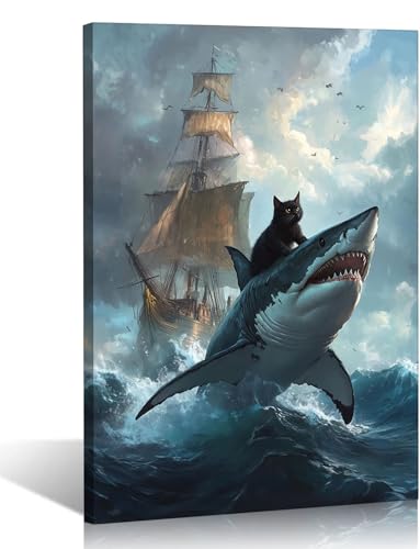 Funny Black Cat & Shark Wall Art 12x16in