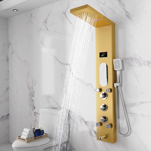 Image of ELLO&ALLO LED Shower Panel Tower System, Rainfall and Mist Shower Head Rain Massage with Body Jets, Brushed Gold