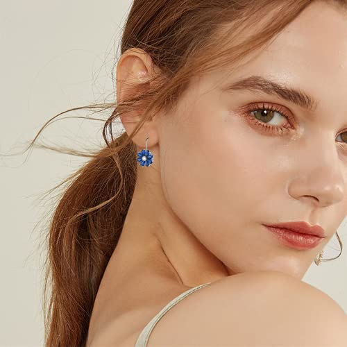 CZ Wedding Daisy Flower Earrings for Women Girls Silver Plated Cubic Zirconia Cute Sunflower Dangle Small Hoop Lever Back Huggie Hoops Earring Nickel Free Birthday Party Vacation Jewelry Gifts (Blue)3