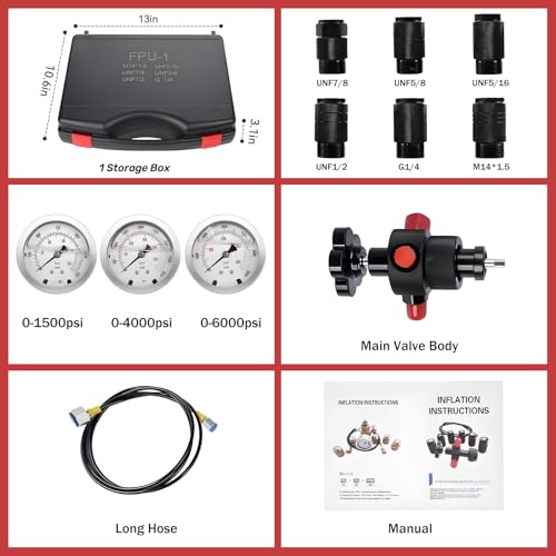Kit de llenado de nitrógeno, carga de acumulador hidráulico, incluye 3 calibres (1500, 4000, 6000 psi), 6 acoplamientos, manguera de gas y cuerpo de válvula principal para equipos industriales