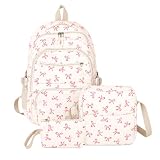 Gonggi Cute Girls School Backpack with Bow, Lightweight Bookbag for Teenage Secondary School, Pink Rucksack for Women, Waterproof College Bag for Girls