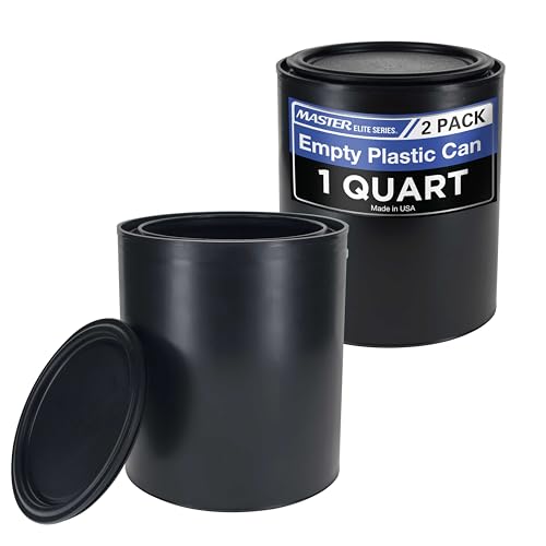 Master Elite 1 Quart Empty Plastic Paint Can Bucket, Pack of 2 - Triple Lock Airtight Lid Seal, 32 fl. oz. All-Plastic Coating Storage Container Can - Pail Handle, Dent & Rust Proof, Odor Resistant