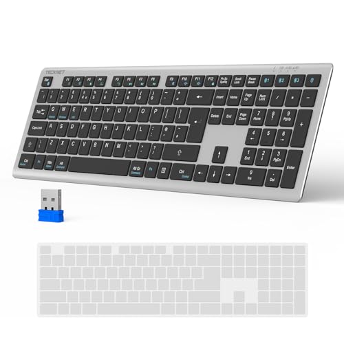TECKNET Wireless Keyboard, Rechargeable 2.4GHz USB Bluetooth Keyboard for 4 Multi Devices, Ultra Slim Full Size UK Layout Keyboards for Computer, Laptop, Tablet, Smart TV, Phone