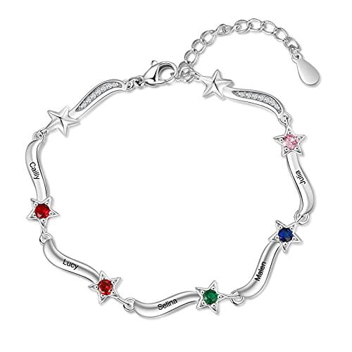 Rolaonly Bracelet Femme Personnalisé 5 Prénoms Gravure Pierre de Naissance Étoiles Pendentif Sterling Argent 925 Cadeau Femme pour La Fête des Mères Anniversaire Noël Cover