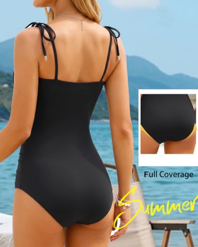 Image of Daci Women One Piece Tummy Control Swimsuits Tie Shoulder Bathing Suits