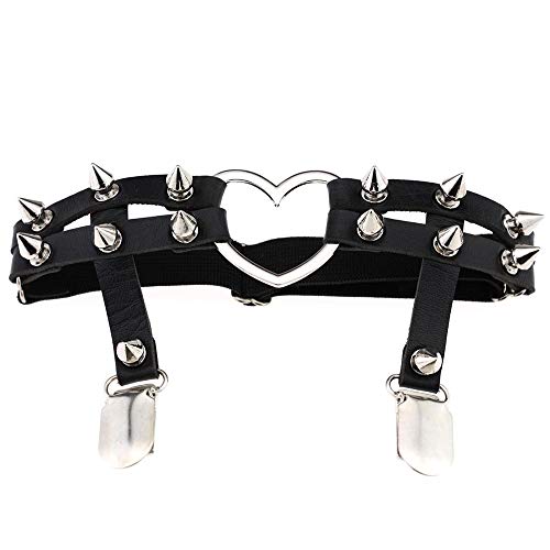 Jurxy 2PCS Gothic Studded Heart Garters Leg Ring Leg Elastic Punk Harness Garter Belt Adjustable Suspender with 2 Metal Clips – Black3